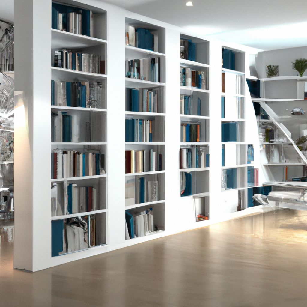 Élégante bibliothèque blanche avec étagères bleues, style moderne, ambiance lumineuse et minimaliste, sol en béton poli.