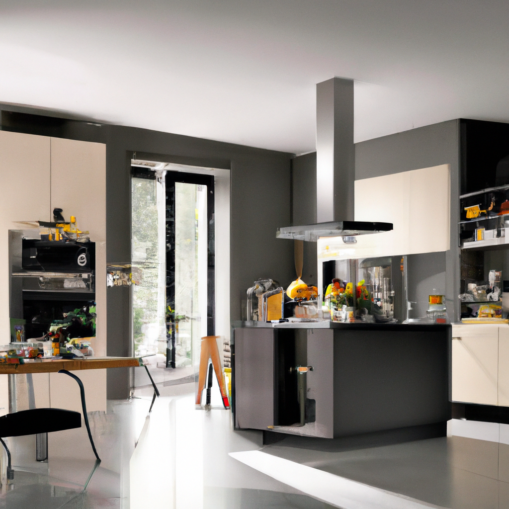 Cuisine moderne aux tons neutres, mobilier minimaliste avec îlot central et lumière naturelle, ambiance épurée et fonction...