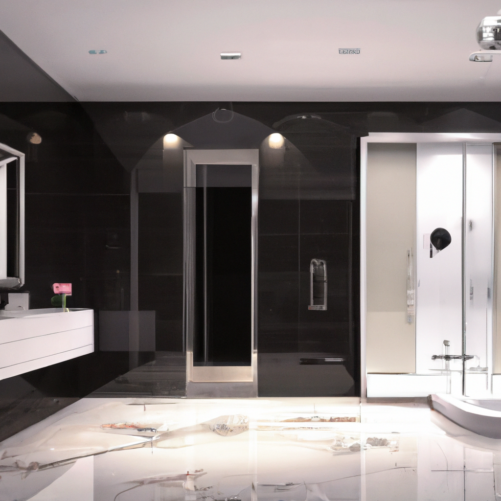 Salle de bain moderne avec murs noirs, meubles blancs et sol élégant, ambiance chic et contemporaine.