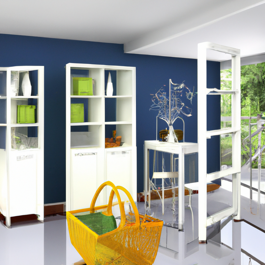 Intérieur moderne avec étagères blanches, décor lumineux, murs bleus, et panier jaune vibrant. Ambiance contemporaine et a...