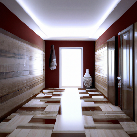 Intérieur moderne avec mur rouge, parquet en bois et décor minimaliste, ambiance lumineuse et chaleureuse.