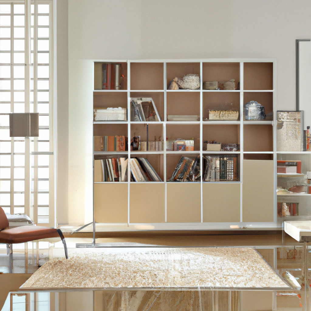 Bibliothèque moderne blanche et beige avec livres et objets décoratifs sur fond lumineux et sol en verre, ambiance minimal...