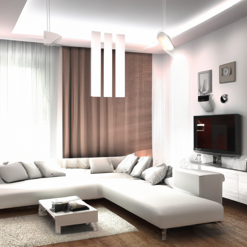 Salon moderne lumineux avec canapé blanc, rideaux beiges, tapis doux et éclairage minimaliste. Ambiance chic et apaisante.