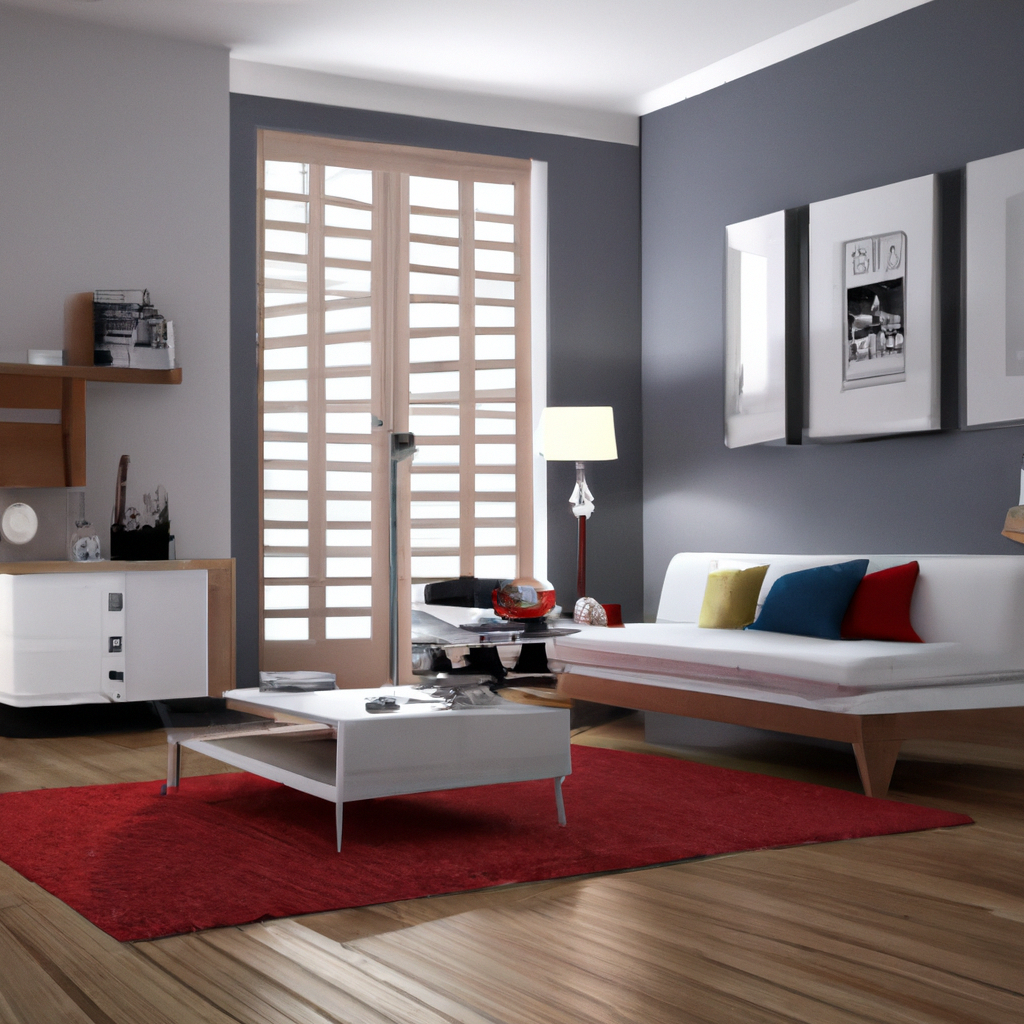 Salon moderne chic avec canapé blanc, touches de couleurs vives, table basse minimaliste et parquet clair sur un tapis rouge.