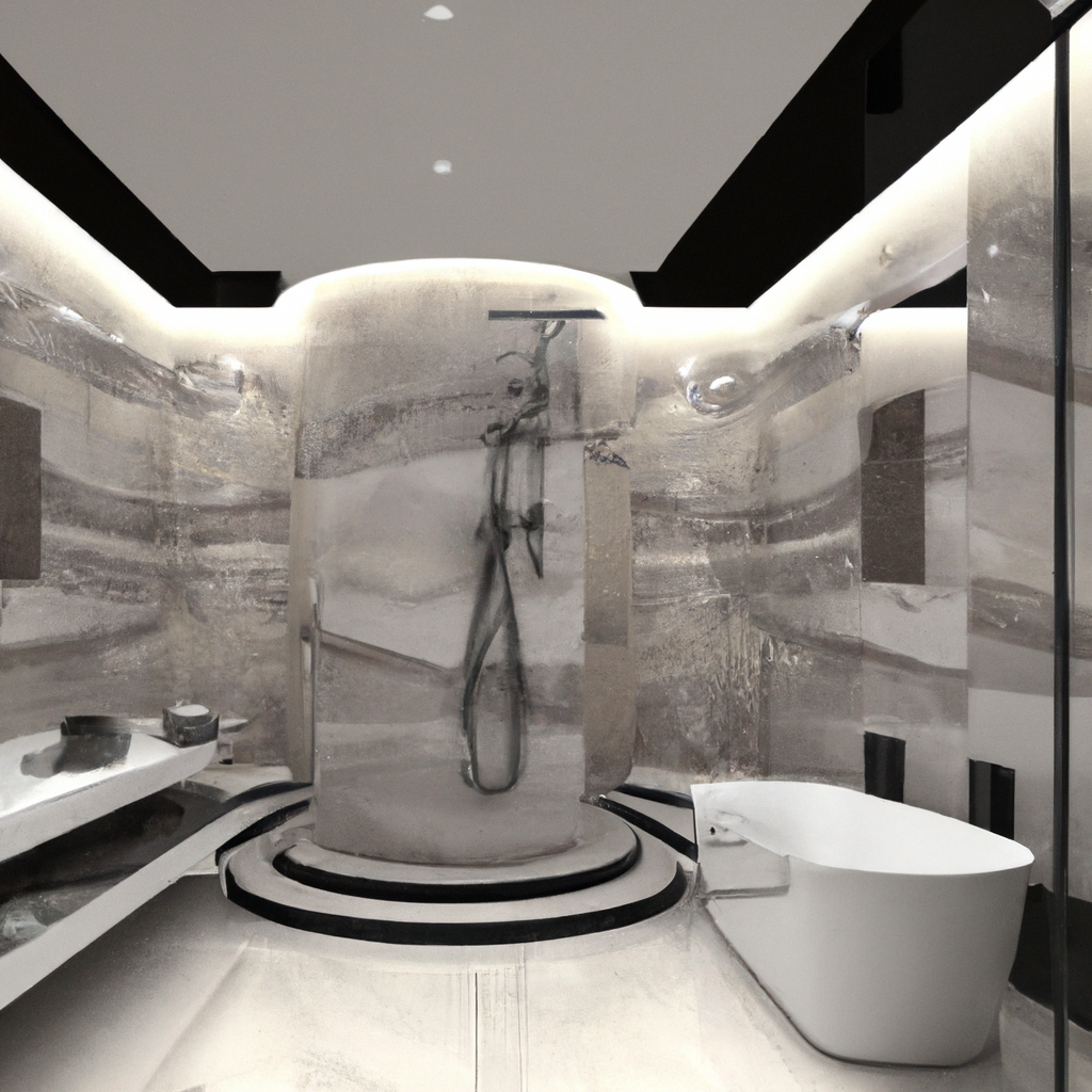 Salle de bain moderne avec douche ronde, baignoire blanche, murs en marbre gris et éclairage LED subtil.