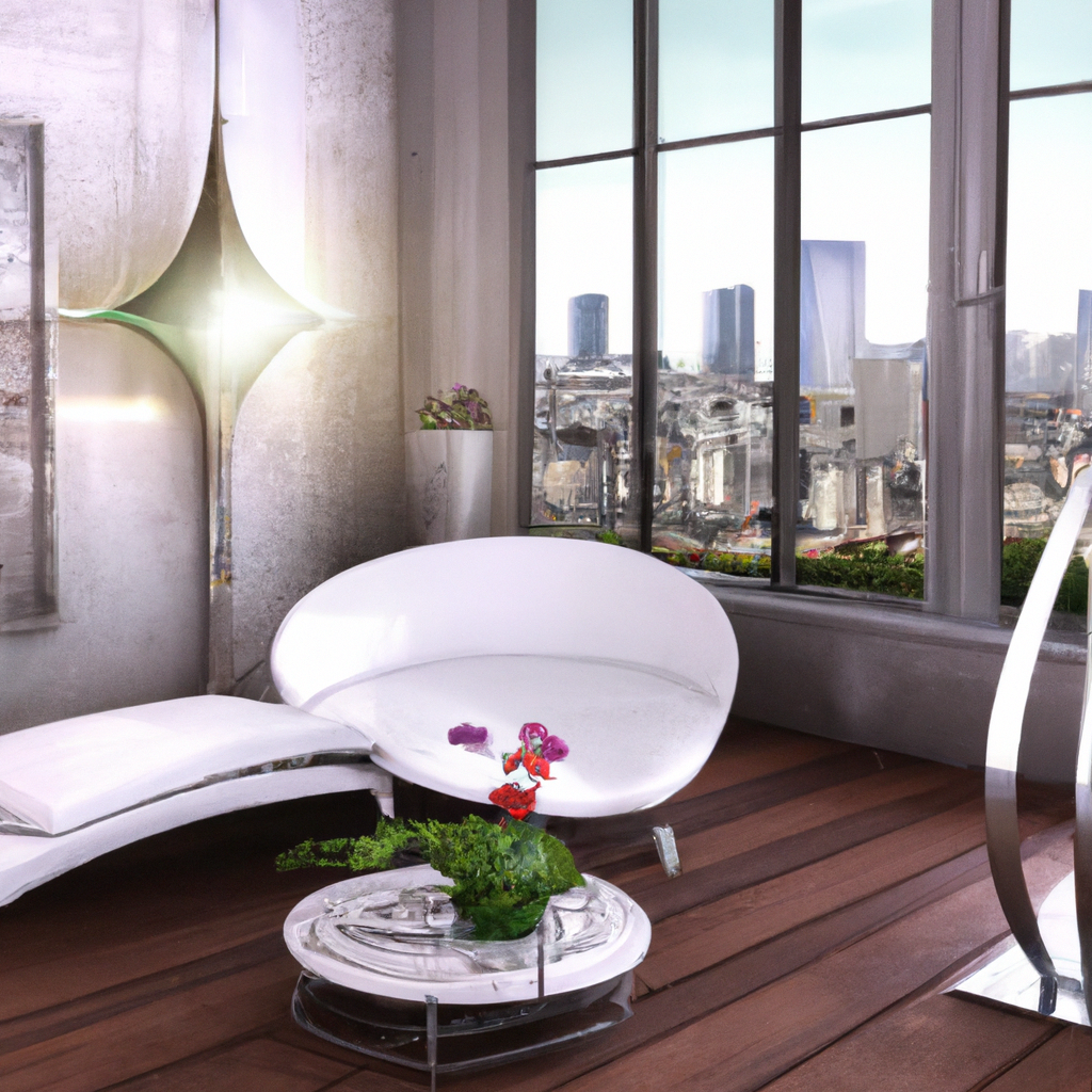 Salon moderne avec canapé blanc sculptural, table en marbre, vue urbaine, ambiance lumineuse et minimaliste.