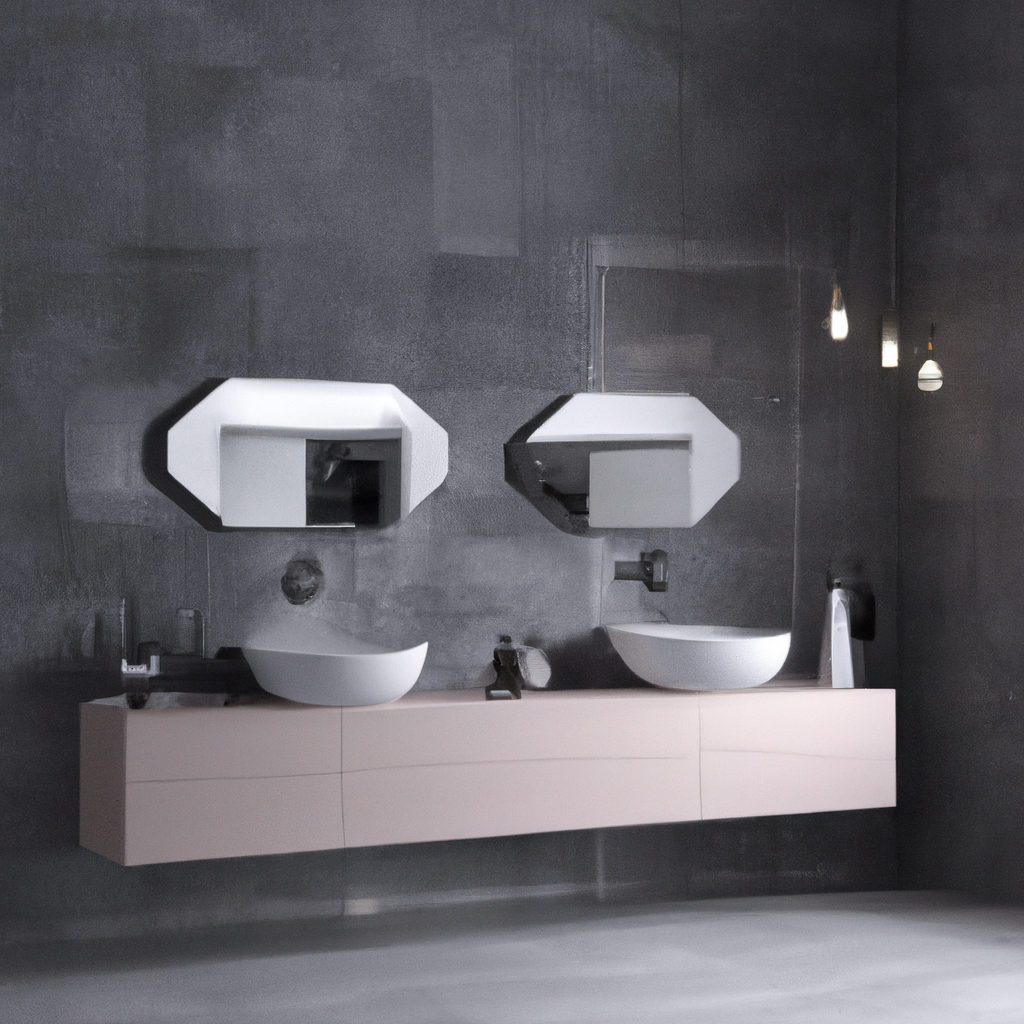 Salle de bain moderne avec lavabo en pierre blanche, meubles en bois clair, miroirs octogonaux et ambiance minimaliste.