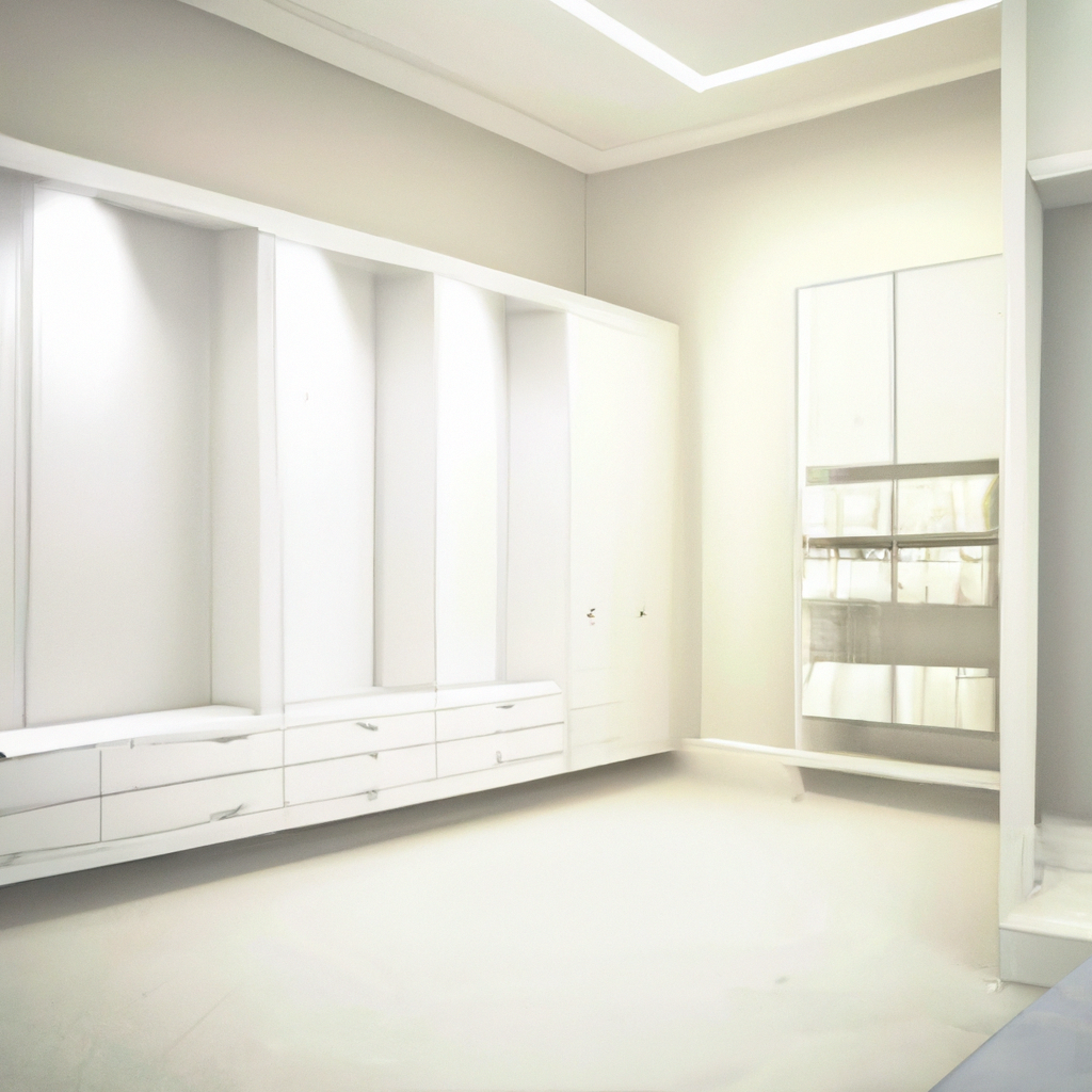 Intérieur moderne minimaliste, murs clairs, mobilier en blanc, rangements élégants et miroir reflétant la luminosité.