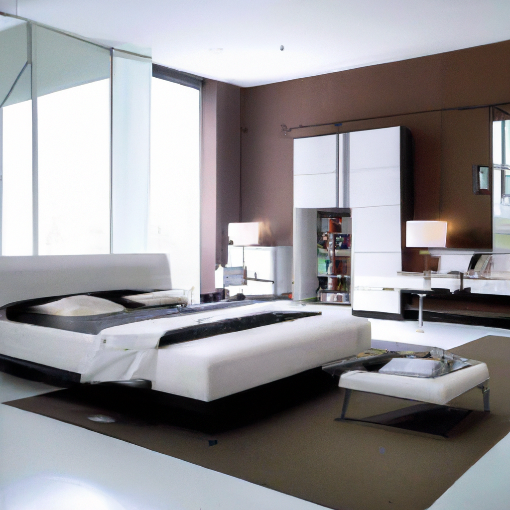 Chambre moderne aux murs marron, lit blanc minimaliste, meubles en verre et accents de lumière créant une ambiance contemp...