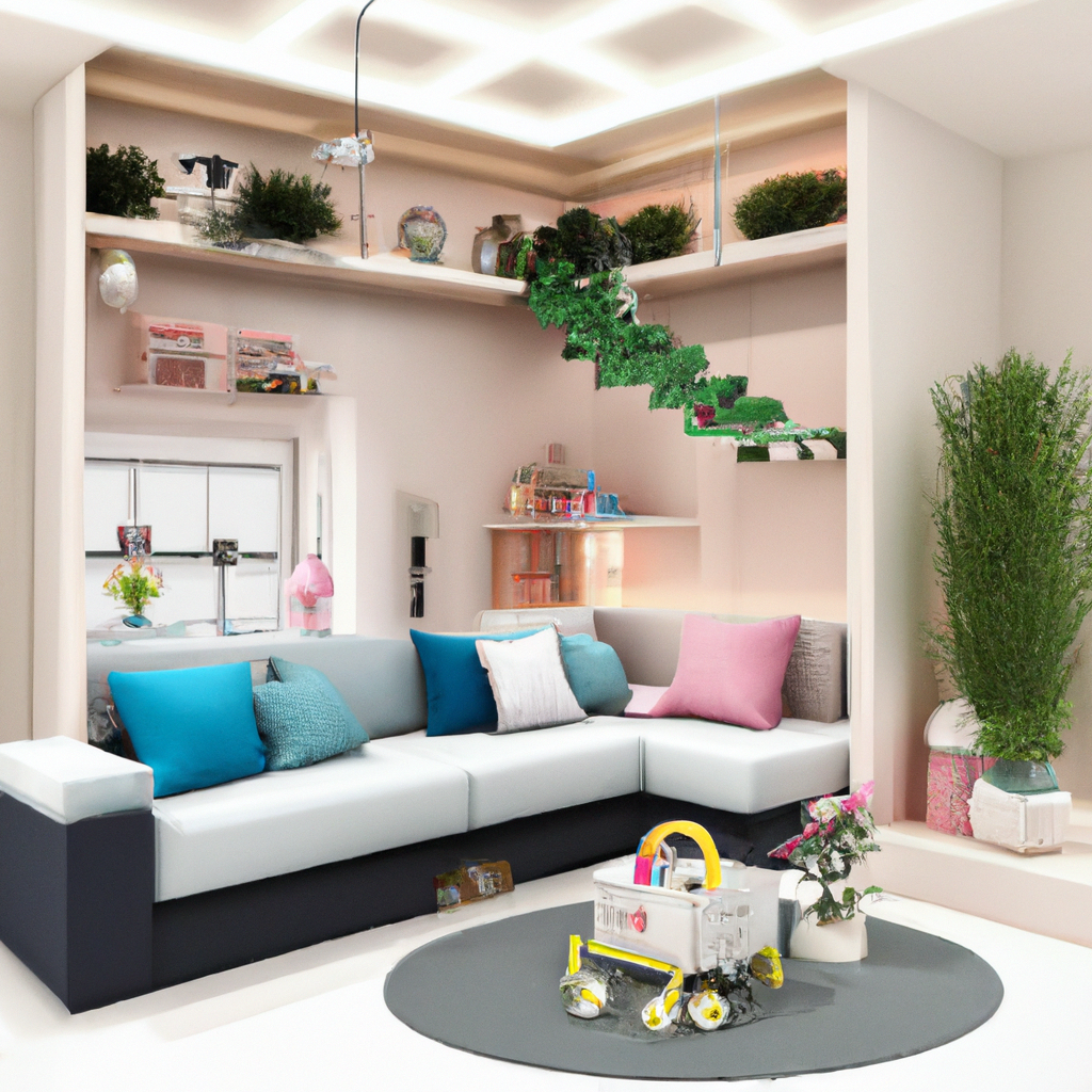 Canapé moderne aux coussins colorés, espace lumineux avec plantes, étagères et un escalier vert décoratif.