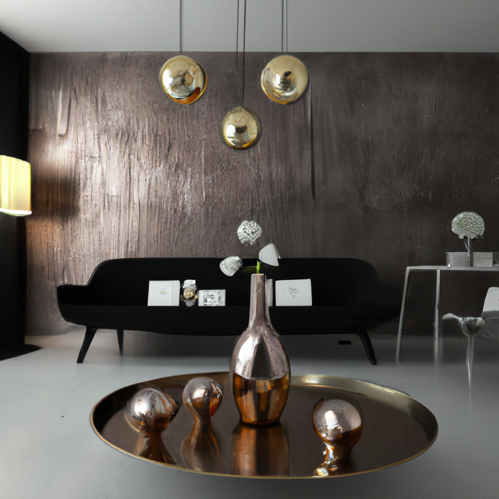 Salon moderne avec mur sombre, canapé noir, vase cuivré, lampes suspendues dorées et décor minimaliste.