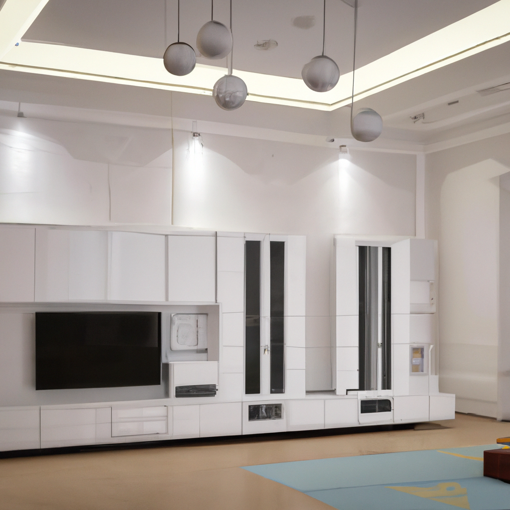 Intérieur moderne avec meuble TV blanc, éclairage doux, sol clair et ambiance épurée. Décoration minimaliste et fonctionne...