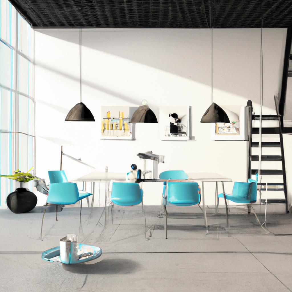 Salle à manger moderne avec chaises bleues, table blanche, lampes noires et ambiance lumineuse et épurée.