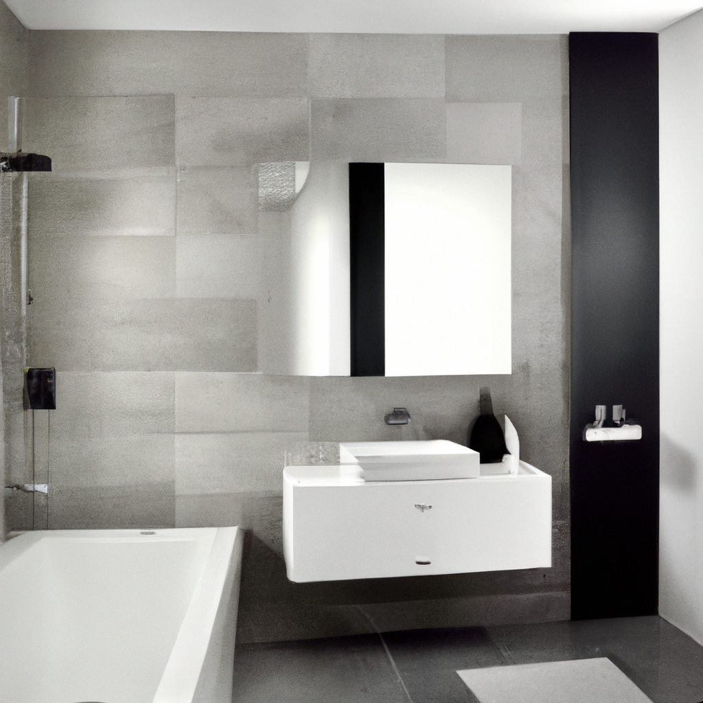 Salle de bain moderne avec carrelage gris, meuble suspendu blanc et miroir design, ambiance épurée et contemporaine.