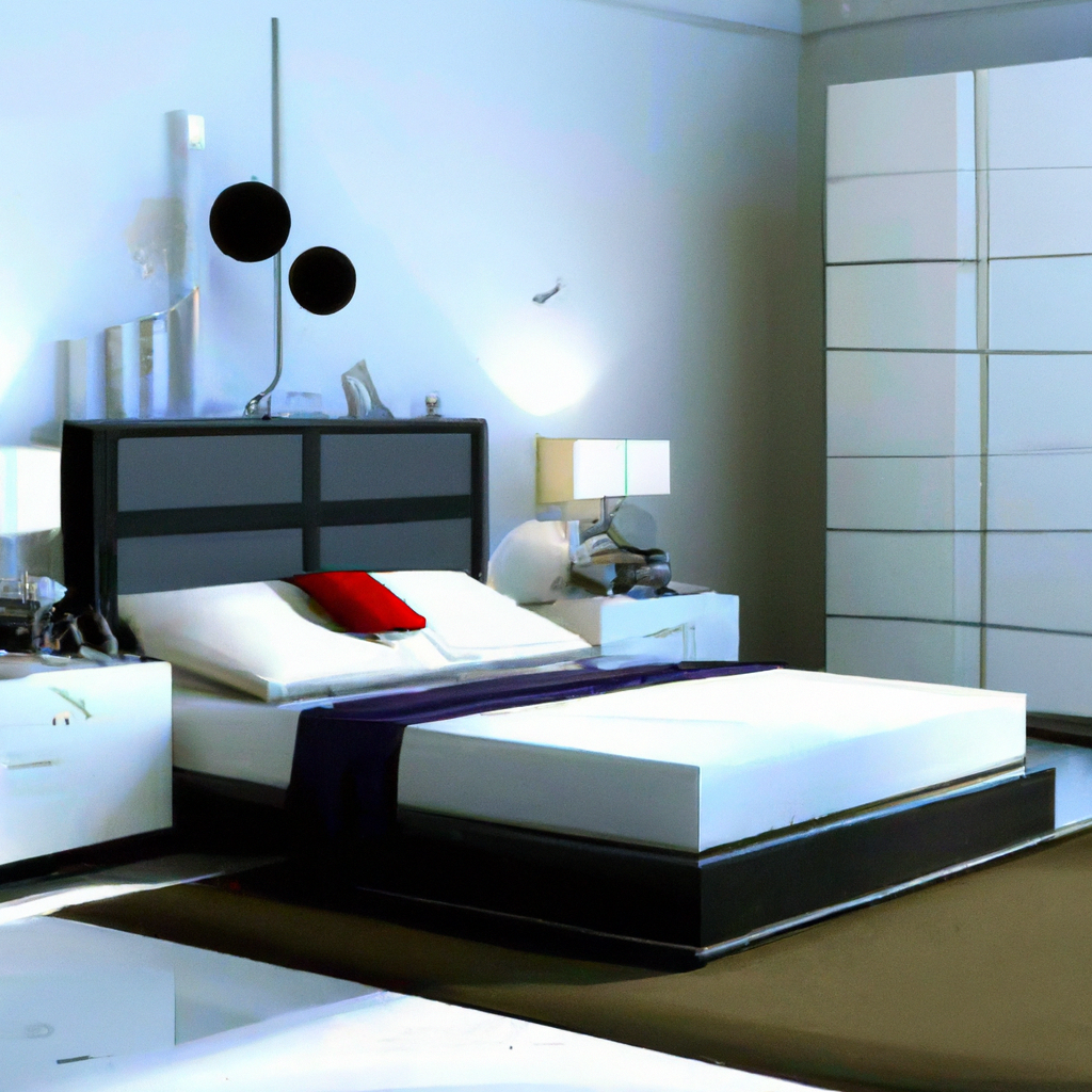 Chambre moderne avec lit noir, linge blanc, lampes élégantes et mur texturé, ambiance minimaliste et apaisante.