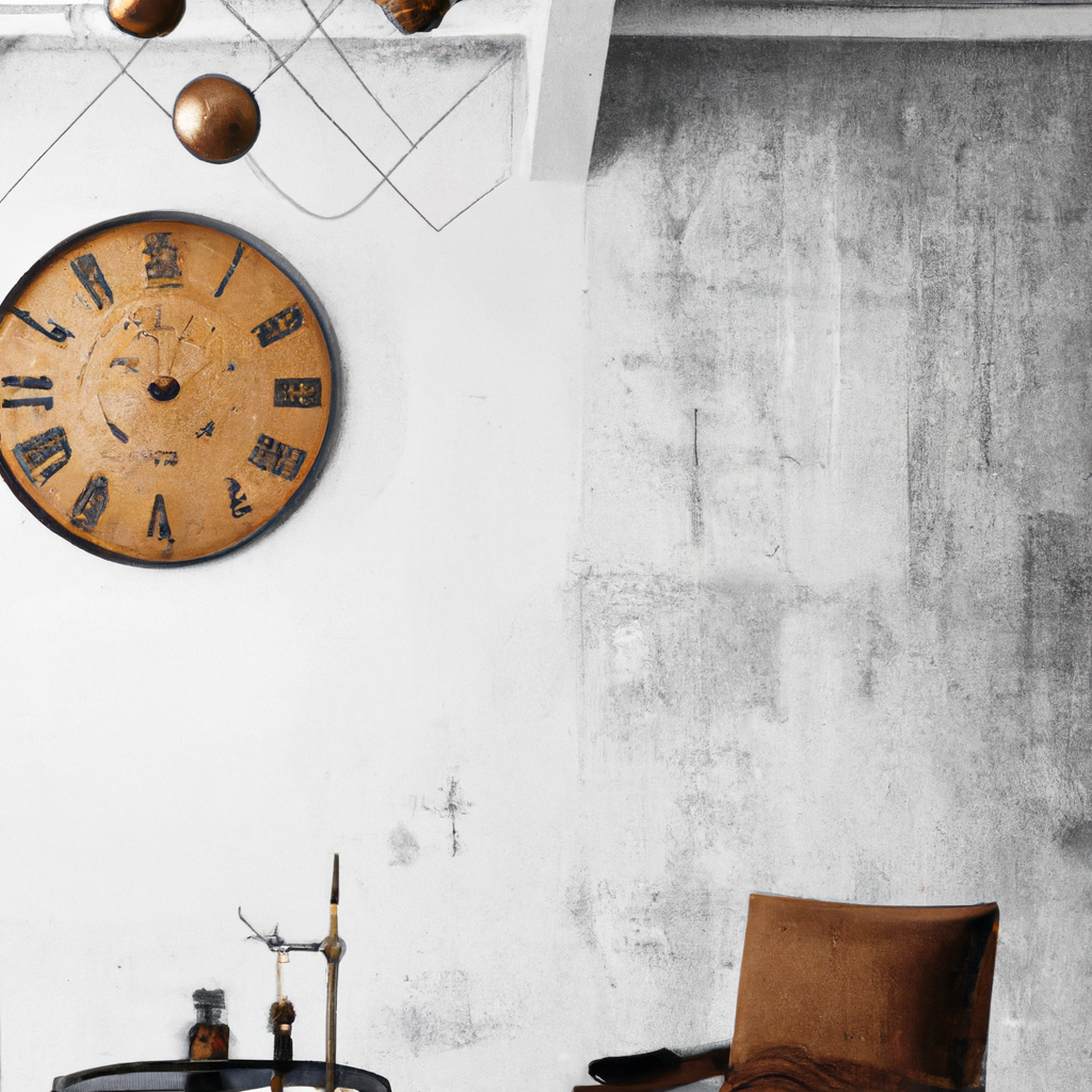 Intérieur minimaliste: horloge dorée, murs texturés gris, fauteuil en cuir, ambiance chic et moderne.