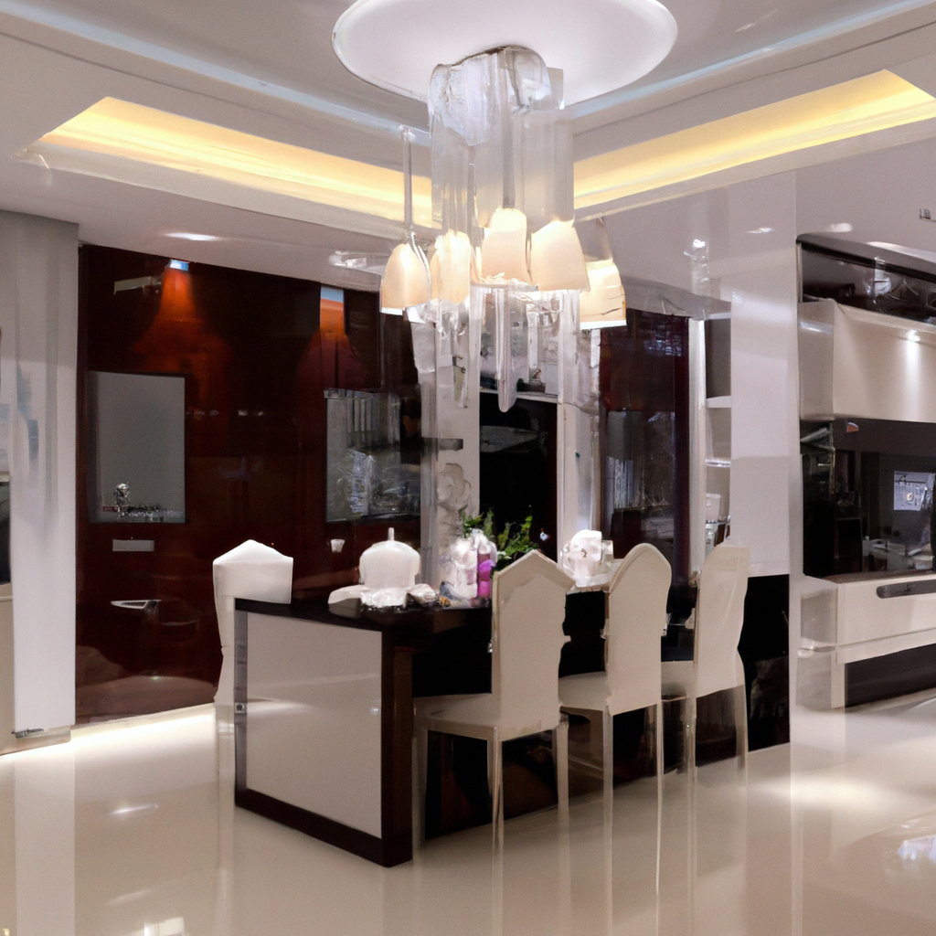 Cuisine moderne épurée, meubles laqués blancs, lampe suspendue élégante, ambiance lumineuse et chaleureuse.