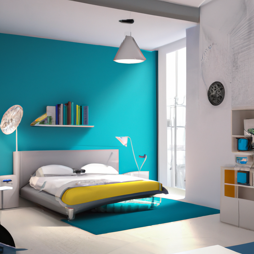 Chambre moderne turquoise avec lit contemporain, lampe design et étagère colorée, ambiance lumineuse et fraîche.