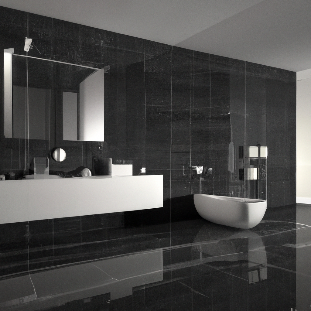 Salle de bain moderne aux murs noirs, baignoire blanche, meuble flottant, ambiance élégante et minimaliste.