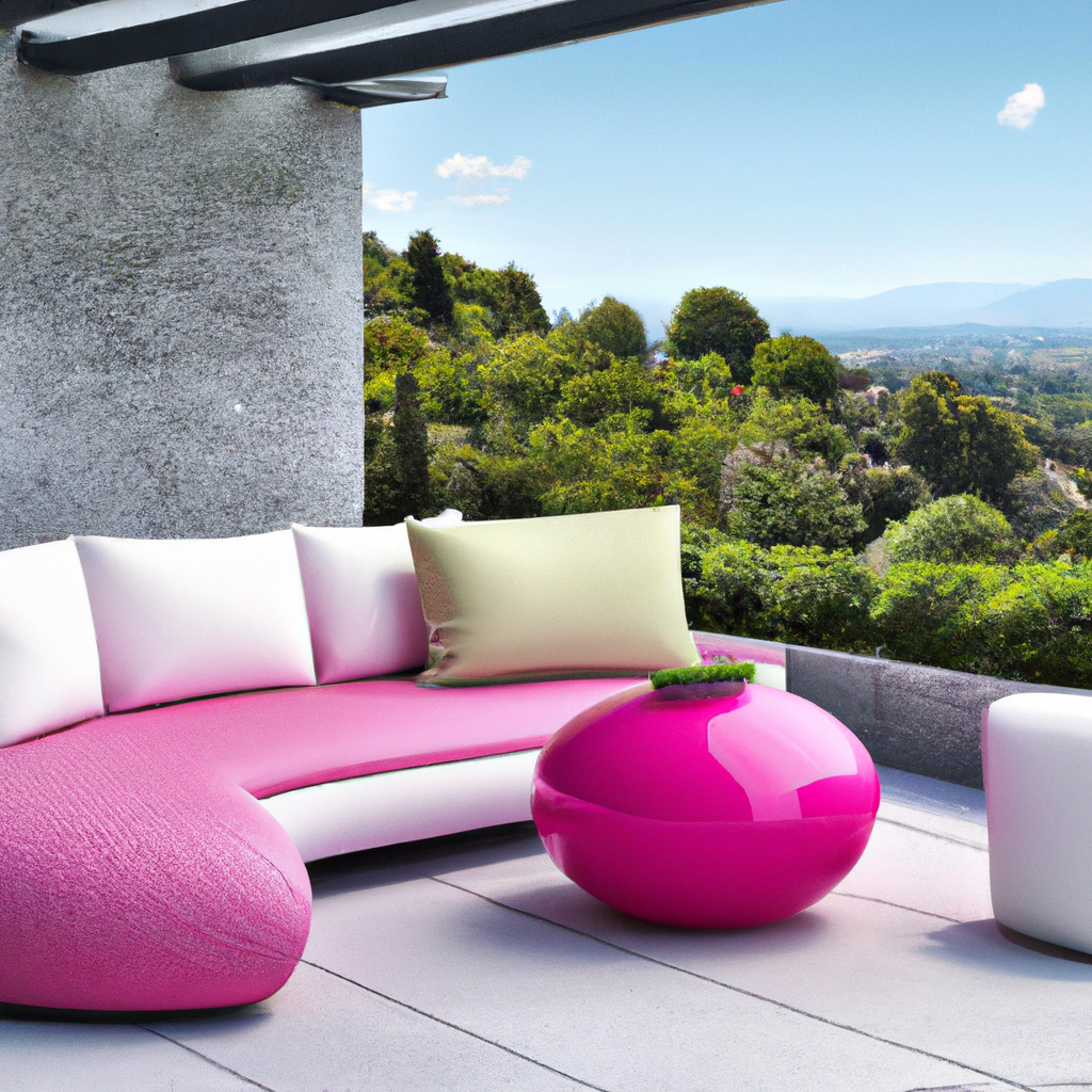 Canapé incurvé rose vif avec coussins beige, table ronde brillantes, vue sur la nature, ambiance moderne et élégante.