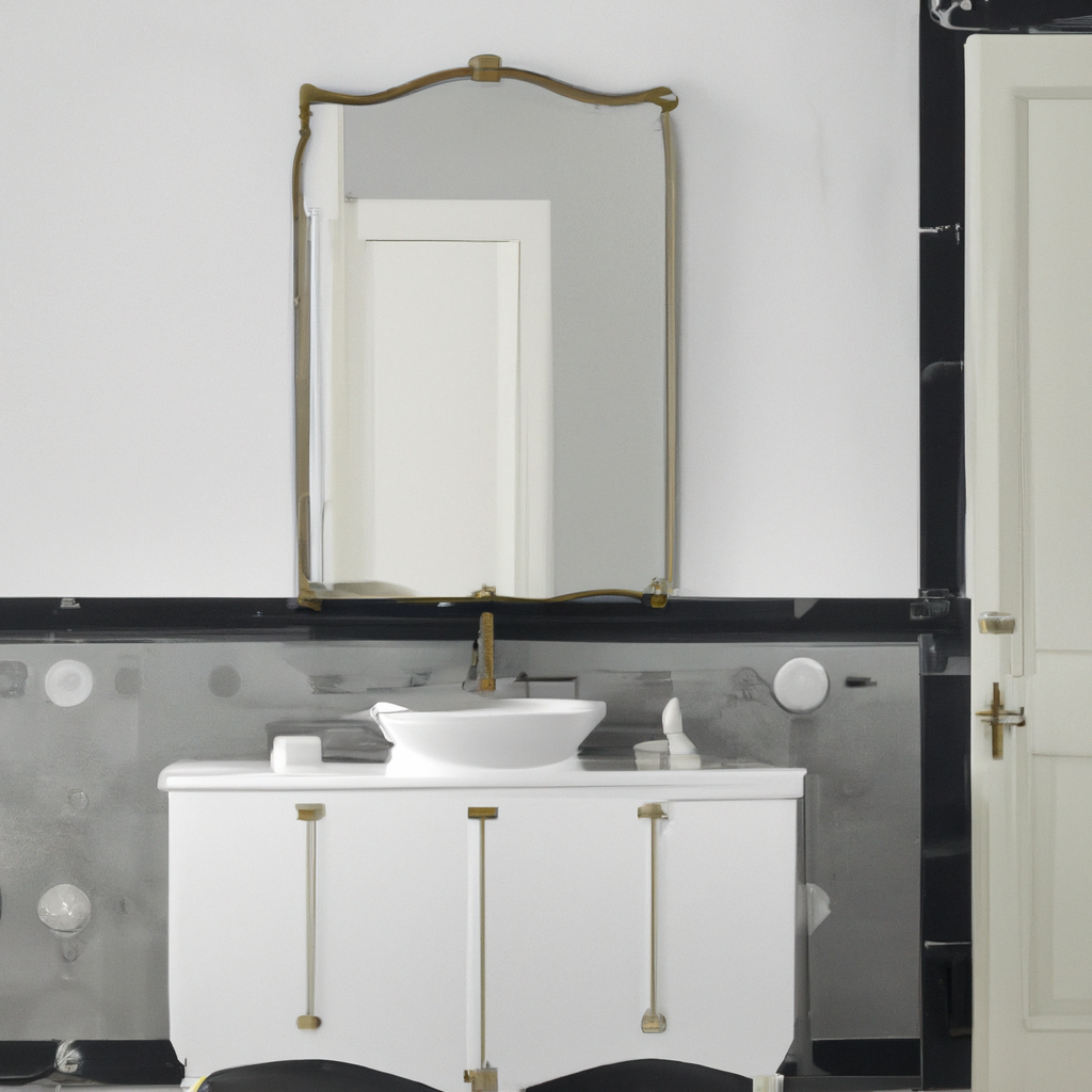 Salle de bain moderne minimaliste, meuble blanc, miroir doré, murs gris, ambiance épurée et élégante.
