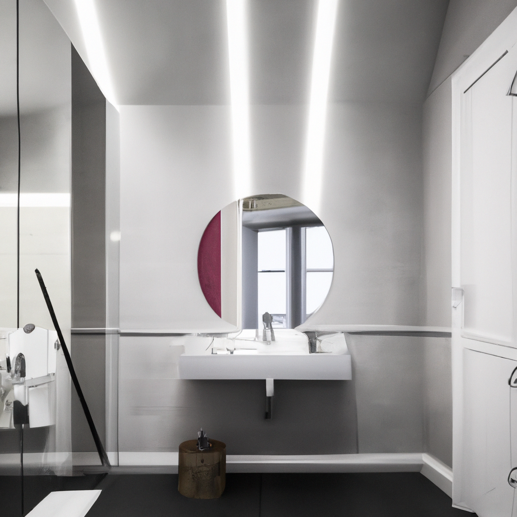 Salle de bain moderne avec miroir rond, éclairage LED, teintes neutres, lavabo minimaliste et sol noir élégant.