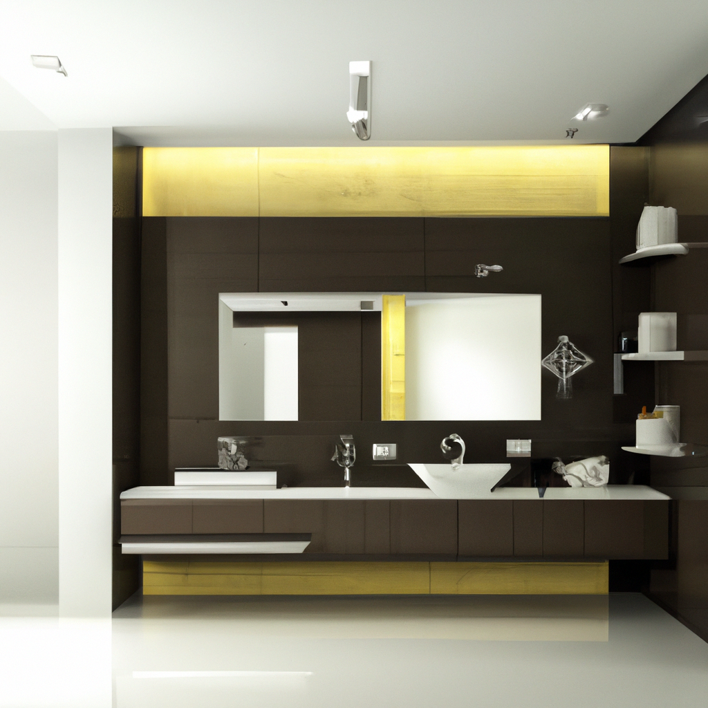 Salle de bain moderne avec meuble en bois foncé, miroir lumineux, vasque élégante et éclairage subtil. Ambiance épurée et ...