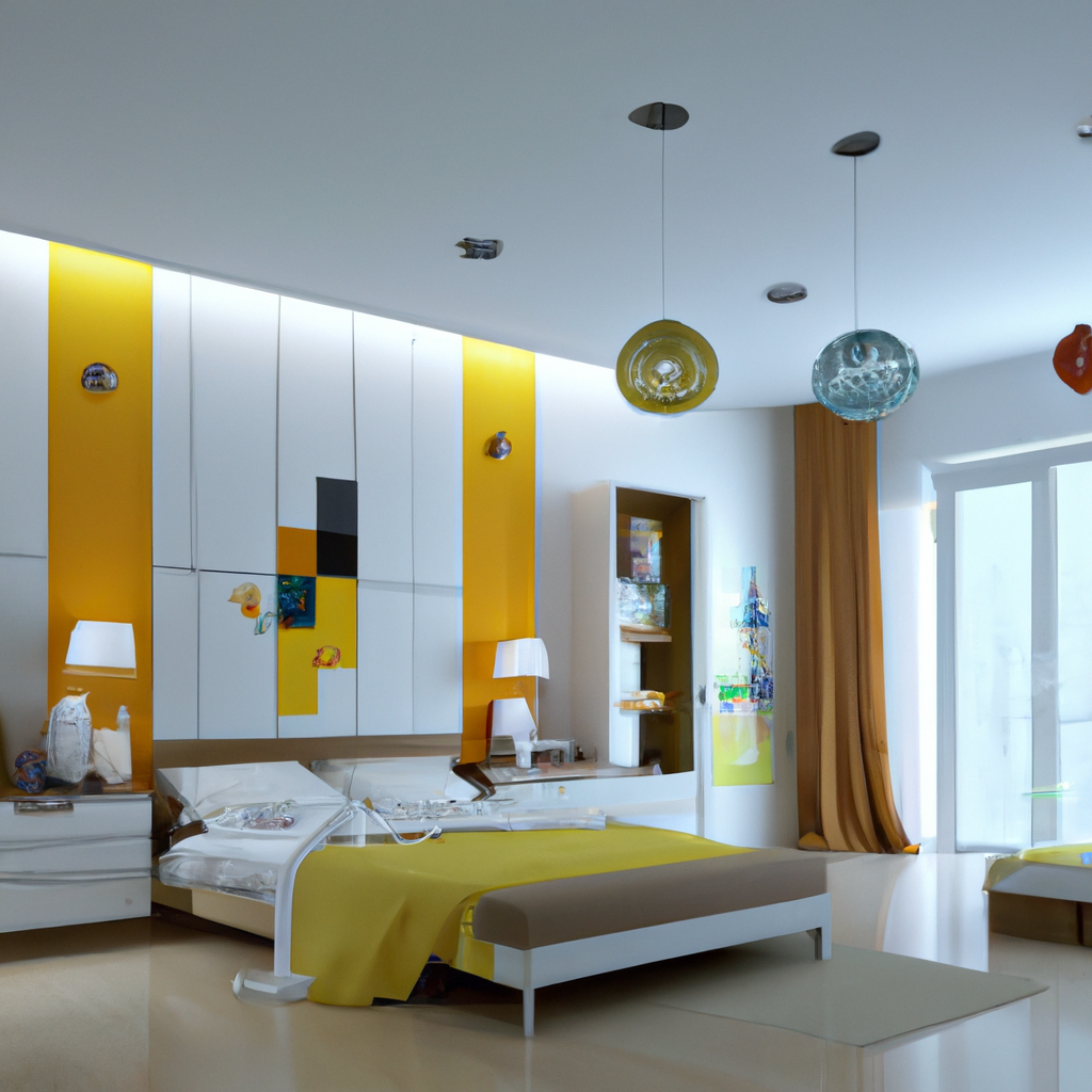 Chambre moderne lumineuse avec murs jaunes, mobilier épuré, éclairage sphérique coloré et ambiance dynamique.