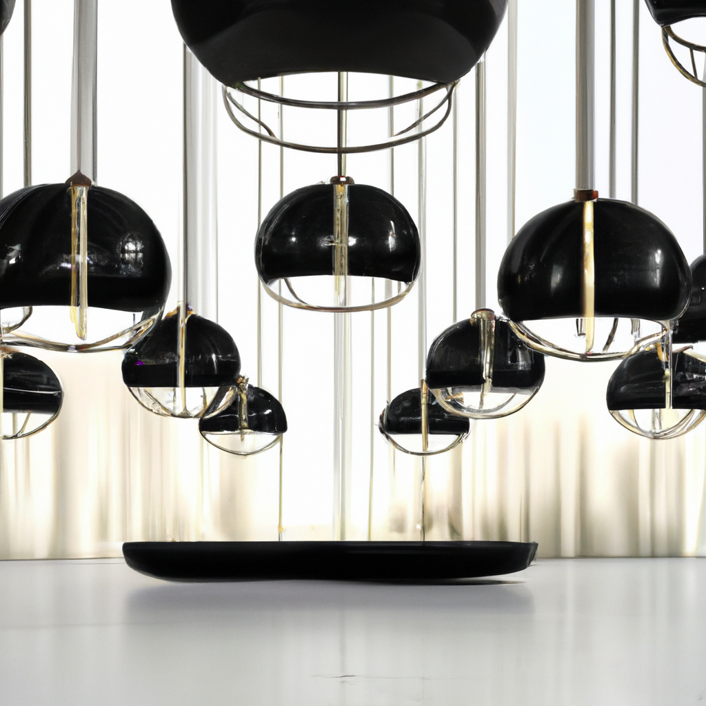 Luminaire moderne noir suspendu, ambiance minimaliste et chic, éclairage élégant pour décoration intérieure contemporaine.