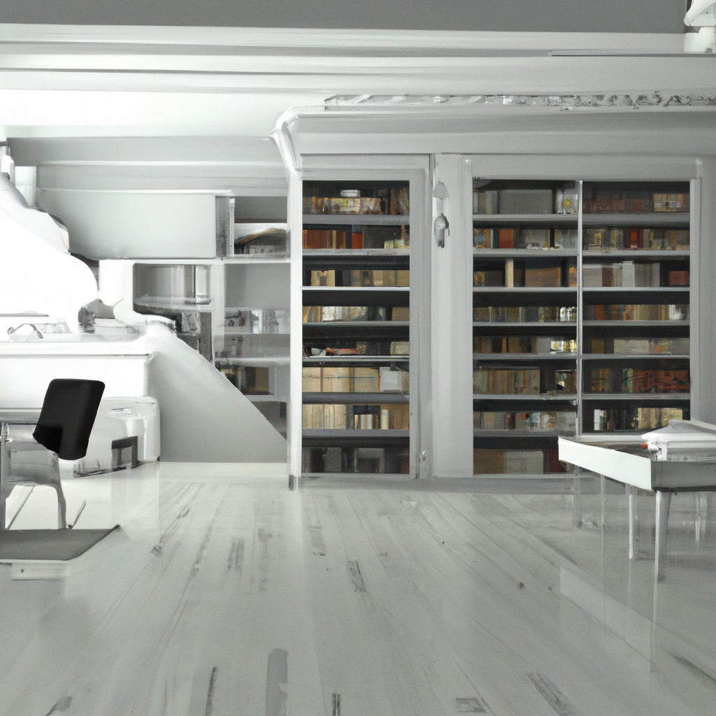 Salon moderne minimaliste en nuances de blanc, avec étagères intégrées et mobilier noir élégant, ambiance épurée et lumine...