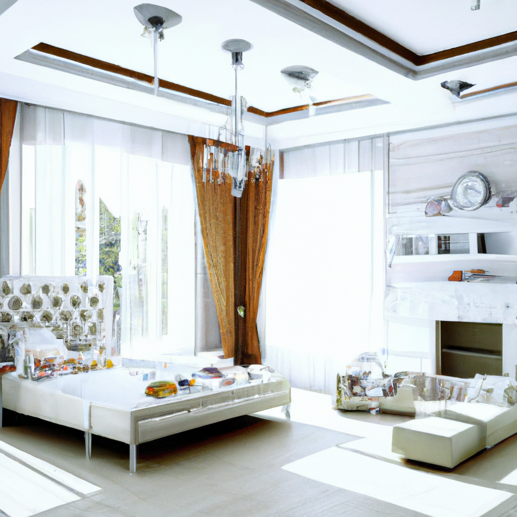 Chambre moderne avec canapé beige, rideaux marron, lumière naturelle et décoration minimaliste. Ambiance lumineuse et élég...