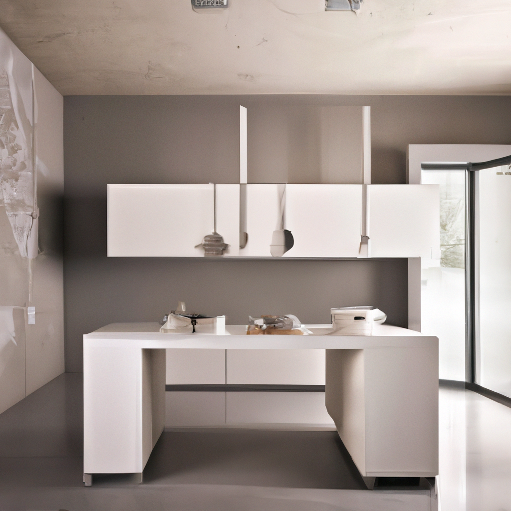 Cuisine moderne minimaliste avec meubles blancs, lignes épurées et ambiance lumineuse. Parfait pour un intérieur contempor...