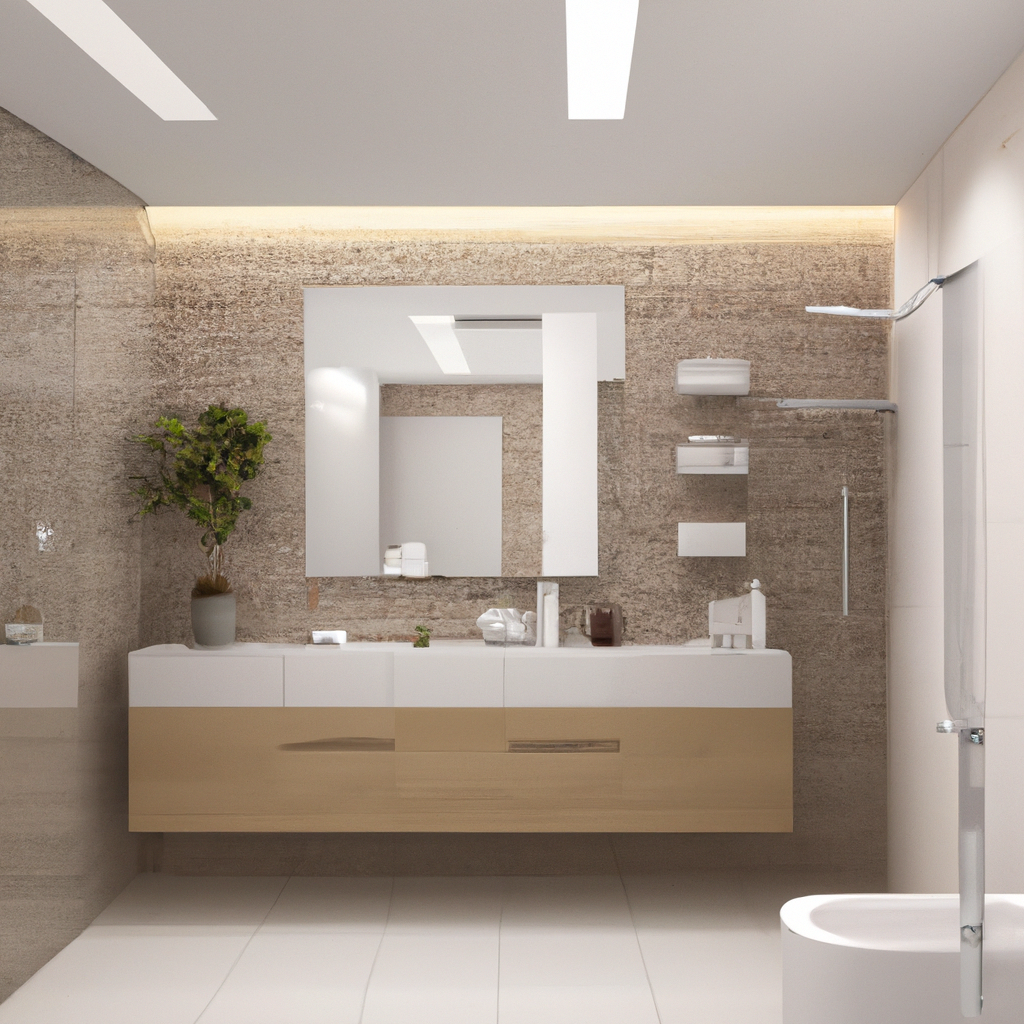 Salle de bain moderne avec murs beige, meuble en bois clair, miroir contemporain et décoration épurée. Ambiance minimaliste.