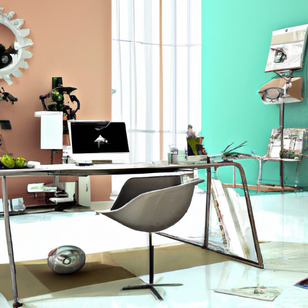 Bureau moderne élégant avec chaise design, murs pastel, luminosité naturelle et décoration artistique colorée.