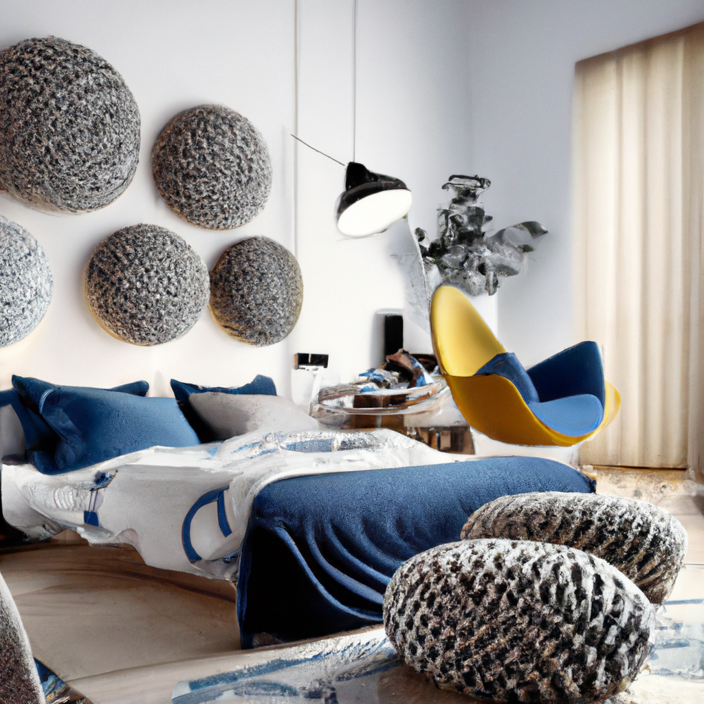 Chambre moderne avec murs décorés de cercles texturés, lit bleu, fauteuil jaune, lumière suspendue et ambiance chaleureuse.