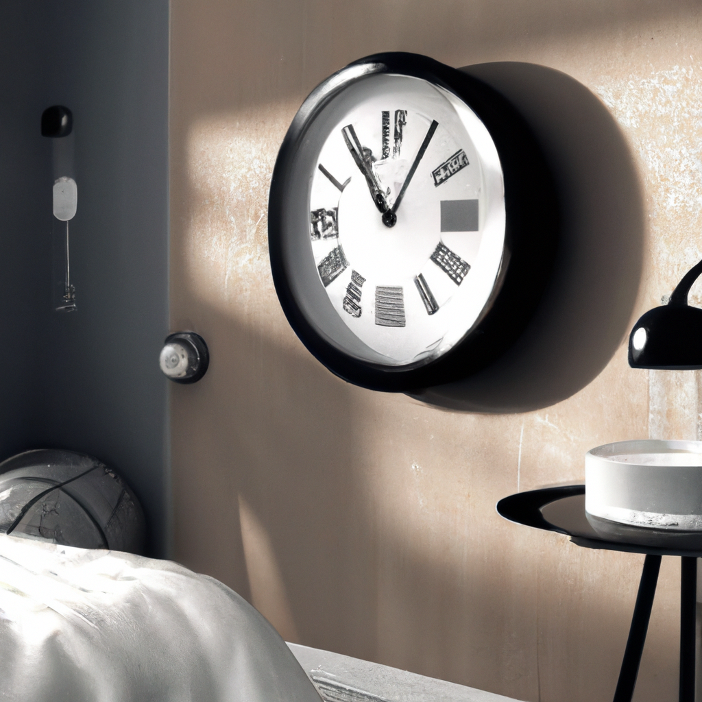 Horloge moderne en noir et blanc, mur beige, ambiance minimaliste, élégant, avec des touches de design contemporain.