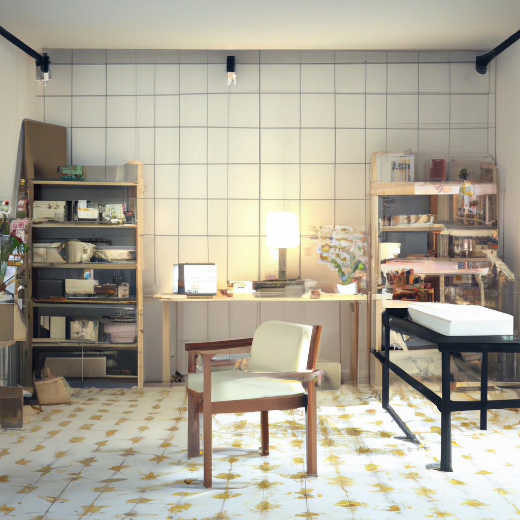 Intérieur moderne avec étagères en bois, bureau minimaliste, chaise blanche et sol carrelé doré, ambiance lumineuse et épu...