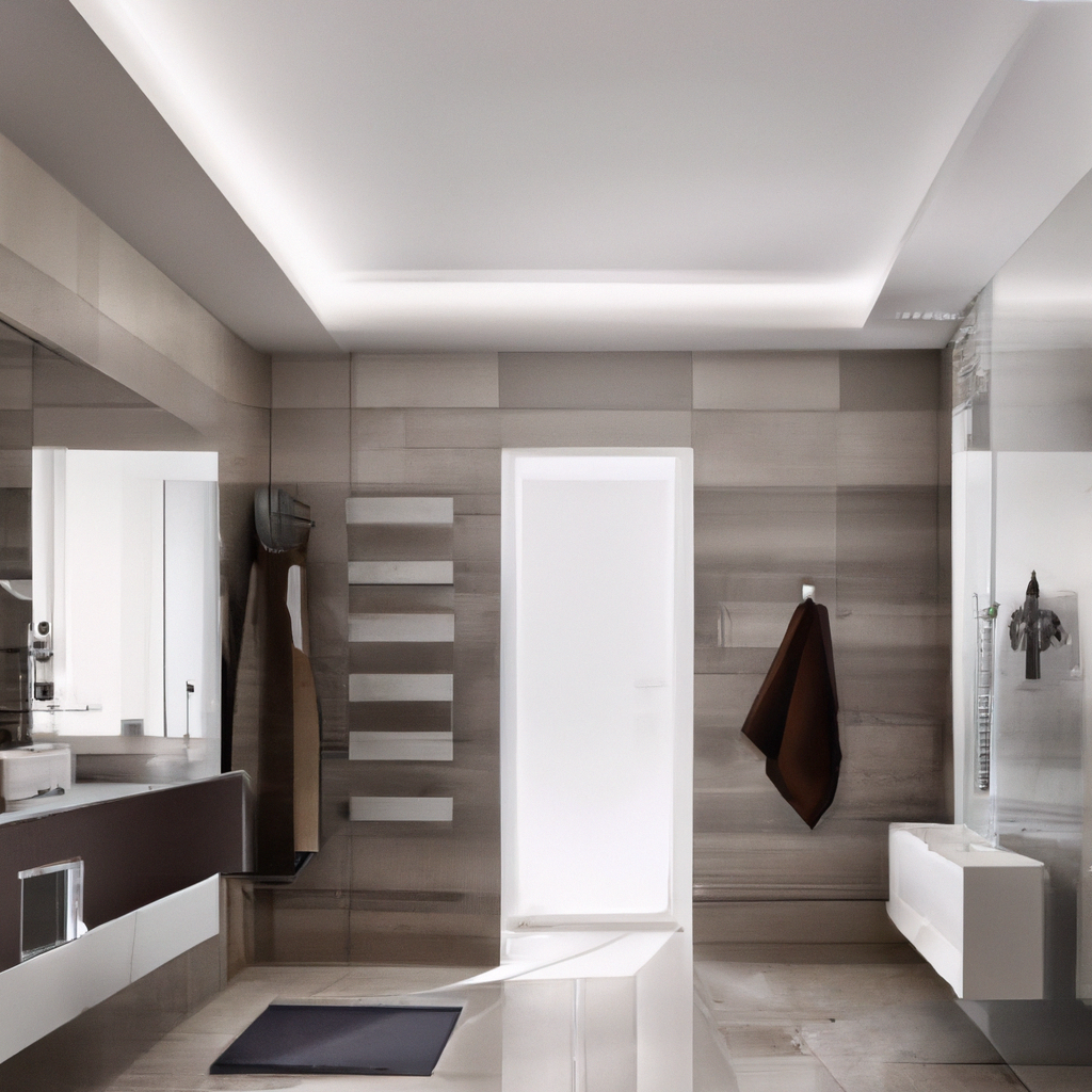 Salle de bain moderne aux tons neutres, avec éclairage LED, meuble minimaliste et accessoires en bois.