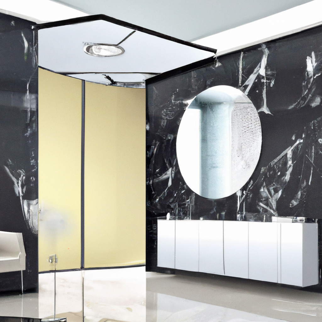 Décoration moderne avec murs noirs texturés, miroir rond et meubles blancs, créant une ambiance élégante et chic.