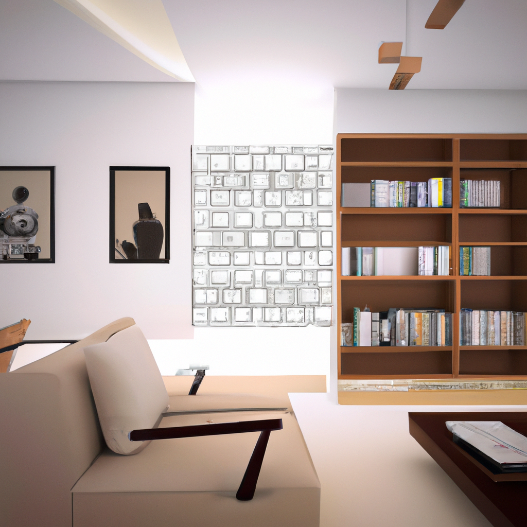 Salon moderne avec mur en briques blanches, étagères en bois, fauteuils beige, ambiance minimaliste et lumineuse.