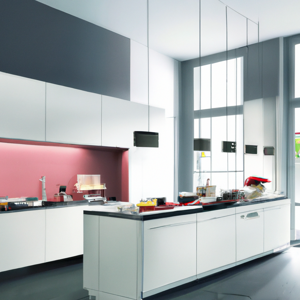 Cuisine moderne avec îlot, éléments blancs, accents rosés, éclairage suspendu, ambiance épurée et lumineuse.