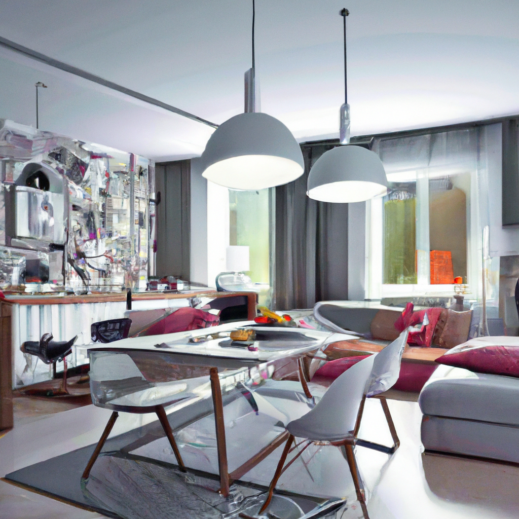 Salon moderne avec canapé gris, table en verre, suspensions blanches et touches de rouge, ambiance lumineuse et contempora...