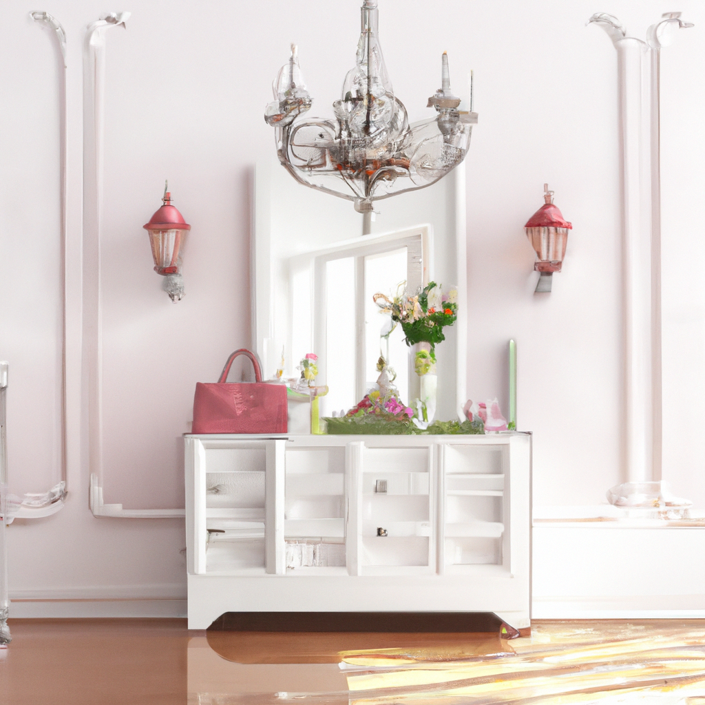 Décoration intérieure élégante avec meuble blanc, miroir, chandelier en cristal et lanternes roses, ambiance raffinée et l...