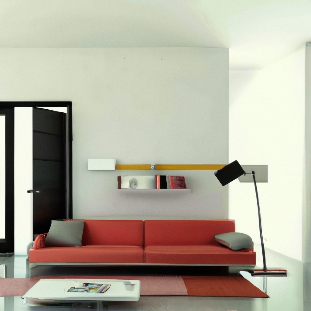 Intérieur moderne avec canapé rouge, étagère blanche, lampe design et murs minimalistes, ambiance épurée et lumineuse.