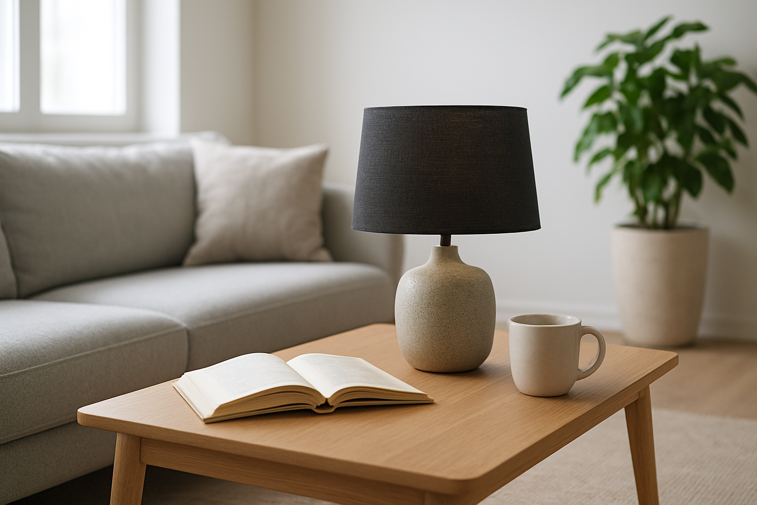 Lampe de table avec abat-jour noir en lin dans un salon scandinave lumineux, posée sur une table basse en bois clair avec un livre et une tasse de café