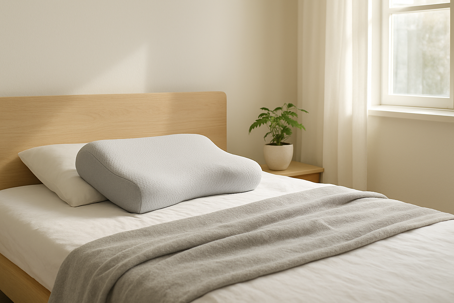 Oreiller cervical ergonomique en mousse à mémoire de forme posé sur un lit dans une chambre lumineuse au style scandinave, avec une plante verte à côté.