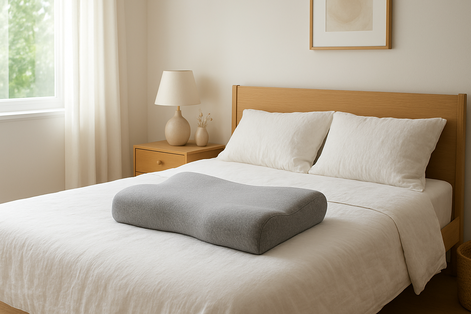 Oreiller Derila ergonomique en mousse à mémoire de forme posé sur un lit blanc dans une chambre lumineuse, ambiance apaisante