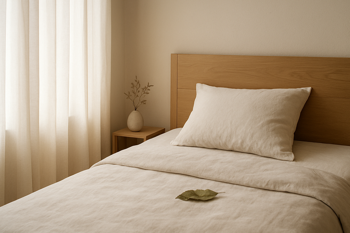 Feuille de laurier séchée posée sur un oreiller blanc dans une chambre lumineuse au style minimaliste, ambiance relaxante et naturelle.