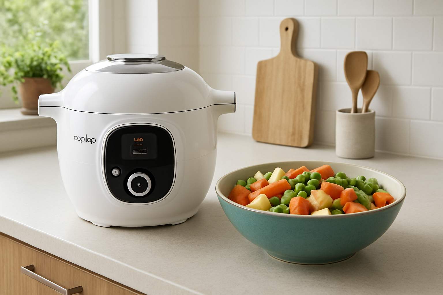 Bol de légumes frais pour jardinière de légumes Cookeo posé à côté du robot dans une cuisine lumineuse