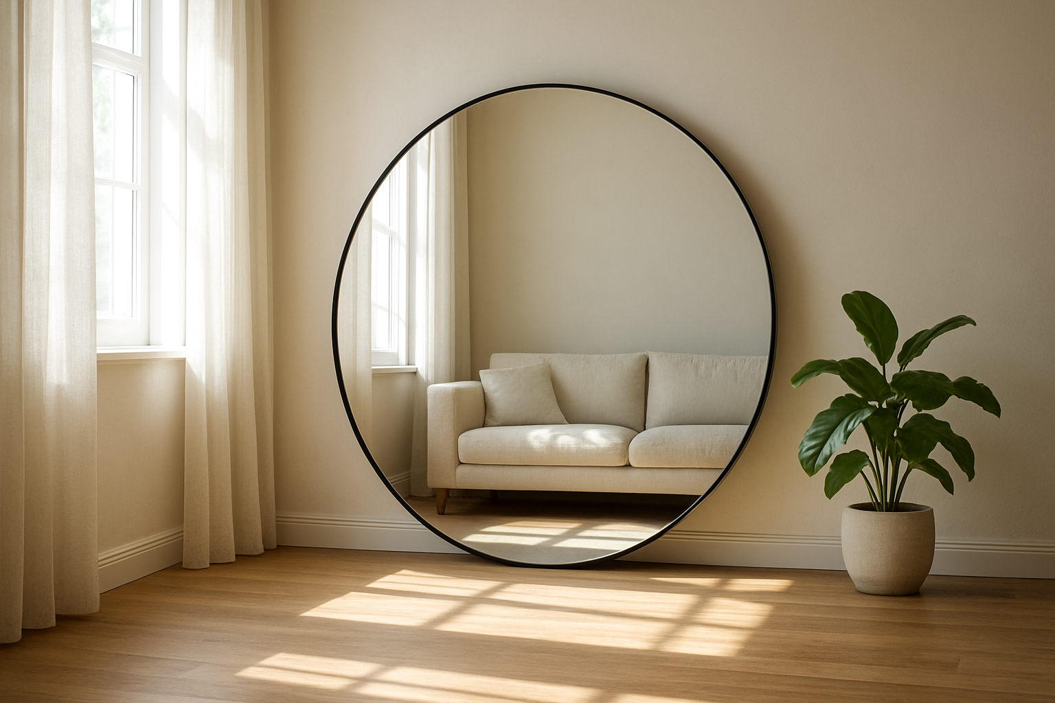 Grand miroir rond posé au sol dans un salon lumineux, reflétant un canapé beige et une plante verte, avec une lumière naturelle tamisée, idéal pour une photo miroir